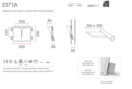 Applique in gesso led cristaly da incasso a scomparsa parete verniciabile 13w 4000k