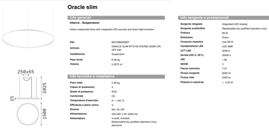 Oracle slim sp d150 round ideal lux lampadario particolare bianco led 89w 3000k