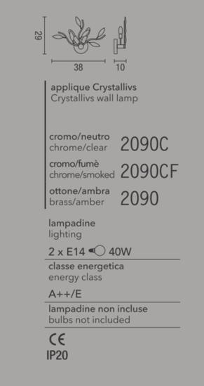 Affralux applique cromo design con cristalli petali vetro fume