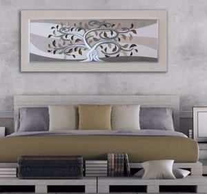 Quadro moderno albero della vita beige foglia argento 155x65 per soggiorno