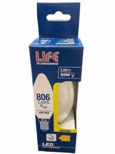 Life lampadina led e14 candela 6.5w 4000k 806lm vetro bianco milky