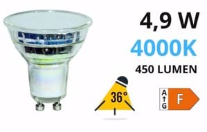 Life lampadina led gu10 4.9w 4000k 450lm ottica 36&deg; 220v di vetro