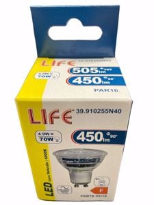 Life lampadina led gu10 4.9w 4000k 450lm ottica 36&deg; 220v di vetro