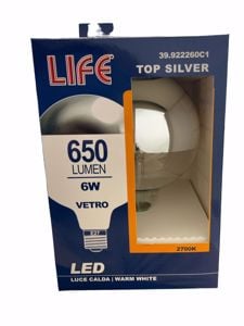 Life lampadina led e27 6w 2700k 650lm globo cromo vetro filamento