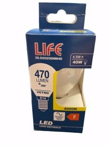 Life lampadina mini sfera e14 4,5w 4000k 470lm vetro bianco milky