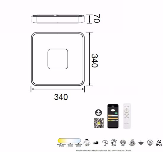 Plafoniera led quadrata effetto legno 56w cct con telecomando controllo app