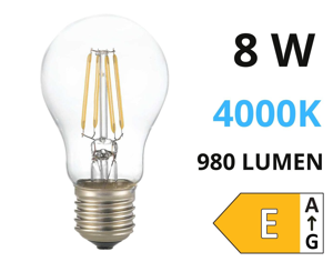 Lampadina e27 led 8w 4000k 980lm filamento goccia trasparente ideal lux