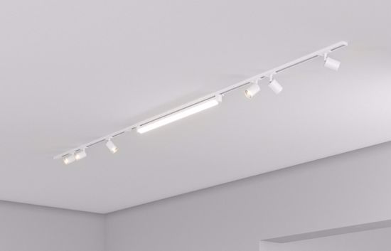 Sistema luci a binario bianco monofase led 40w 4000k 230v con faretti per soggiorno