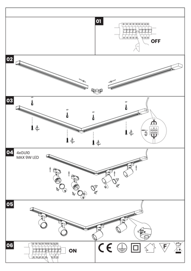 Plafoniera sistema binario con 4 faretti bianco monofase retto-angolare