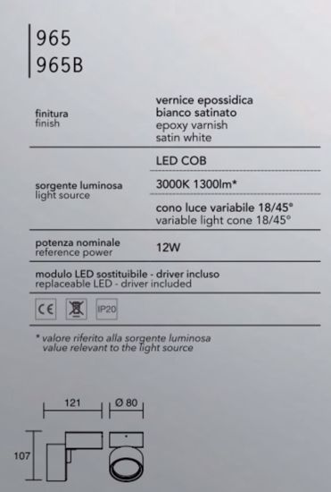 Faretto bianco led 12w 3000k da parete soffitto cucina orientabile