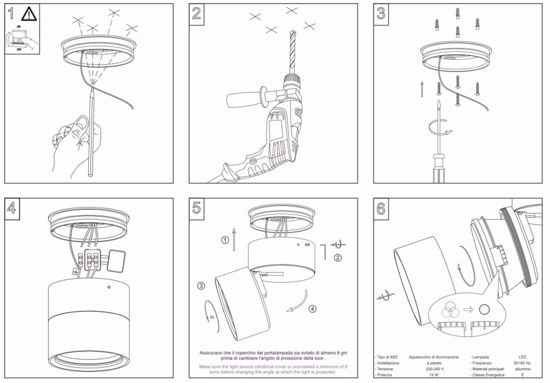 Faretto bianco led 12w 3000k da parete soffitto cucina orientabile