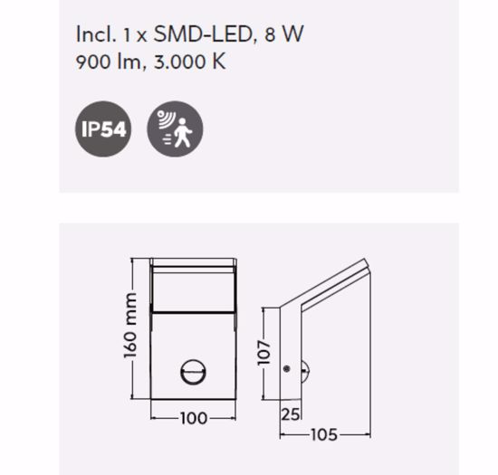 Applique da esterno con sensore movimento  8w 3000k moderna antracite