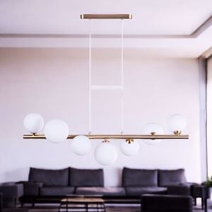 Lampadario oro ottone sfere vetro bianco per soggiorno moderno