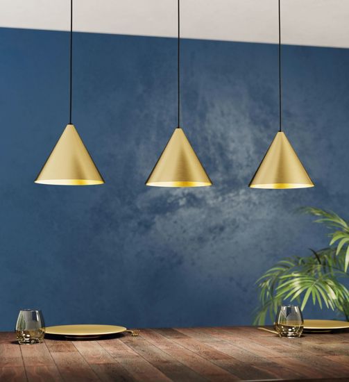 Lampadario a sospensione dorato per cucina moderna 3 luci cono