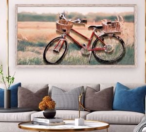 Quadro dipinto a mano su tela la bicicletta 125x65 con cornice