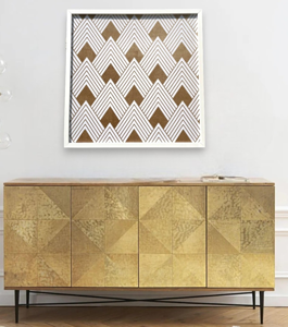 Quadro astratto geometrico 53x53 bianco oro stampa con conirce bianca