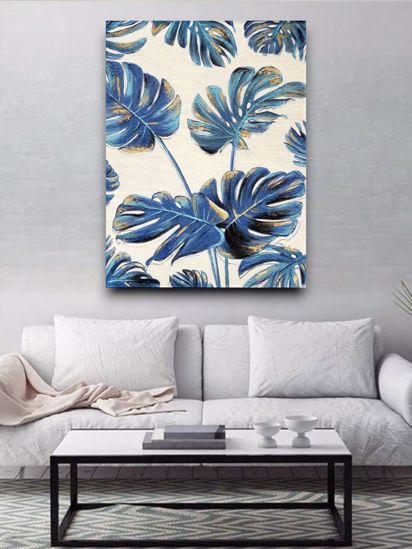 Quadro verticale floreale moderno foglie blue 90x120 per soggiorno