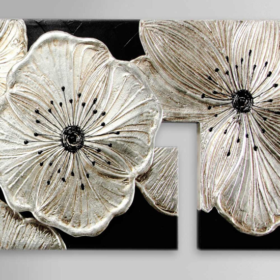 Grande quadro 197x67 fiori petunia nero argento per soggiorno