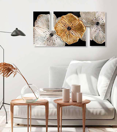 Quadro floreale 115x55 legno contemporaneo per soggiorno foglia oro argento