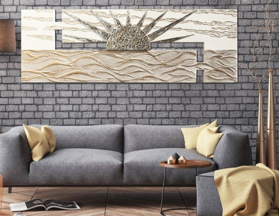 Grande quadro moderno sole tramonto 197x67 oro avorio per soggiorno