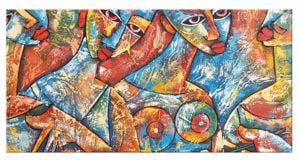 Quadro moderno stilizzato multicolor 80x40cm tribal women per soggiorno