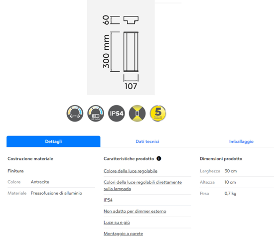 Applique da esterno  7w tricolor rettangolare antracite ip54