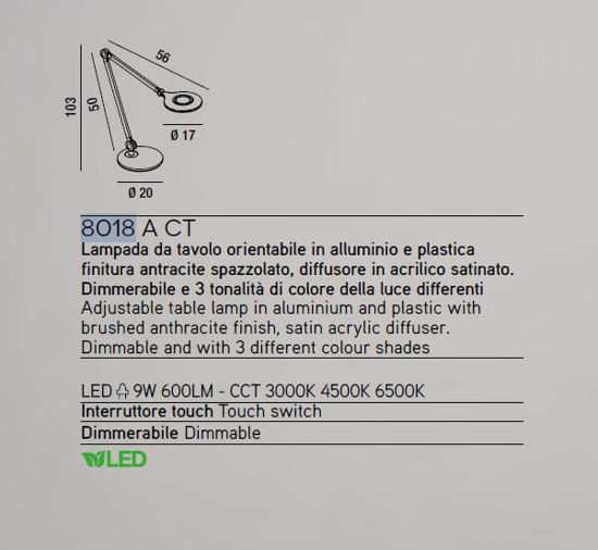 Lampada da scrivania disk perenz antracite led 9w cct dimmerabile