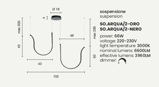 Ondaluce arqua 2 nera sospensione moderna led 66w 3000k dimmerabile