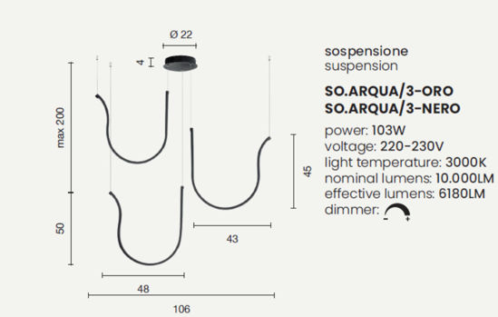 Ondaluce lampadario design moderno arqua nero led 103w 3000k dimmerabile