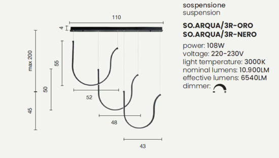 Lampadario a sospensione 3 luci nere led 108w 3000k dimmerabile ondaluce arqua