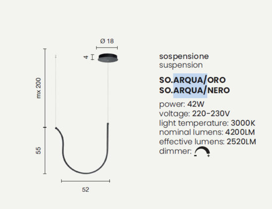 Ondaluce lampada arqua a sospensione moderna nera led 42w 3000k dimmerabile