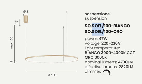 Ondaluce lampadario moderno soel anello bianco 100cm led 47w cct dimmerabile