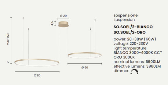 Lampadario moderno doppio anello bianco led 66w cct dimmerabile soel ondaluce