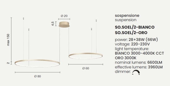 Ondauce soel lampadario moderno led 66w 3000k anelli oro dimmerabile