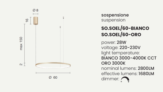 Lampadario moderno anello bianco led 28w cct dimmerabile ondaluce soel