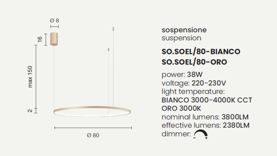 Ondaluce lampadario soel anello bianco led cct 38w dimmerabile