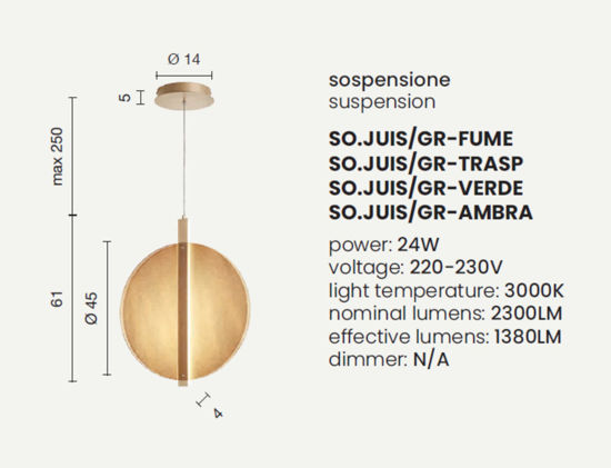 Ondaluce lampada a sospensione juis disco vetro fume led 24w 3000k