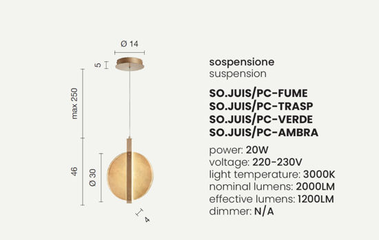 Ondaluce juis lampada a sospensione vetro fume led 20w 3000k per isola cucina