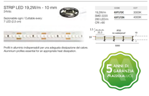 Striscia gea luce bobina 5mt 19,2w mt 4000k 24v ip20 cri90