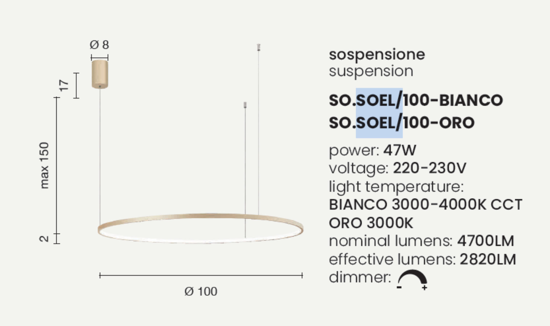 Lampadario moderno anello oro 100cm led 47w 3000k dimmerabile soel ondaluce