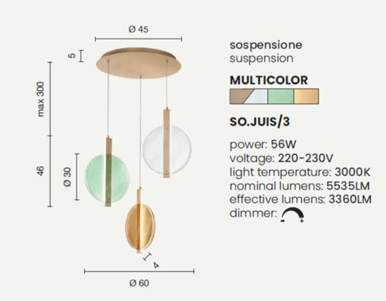 Lampadario per tavolo cucina 3 luci vetro multicolor led 56w 3000k ondaluce juis