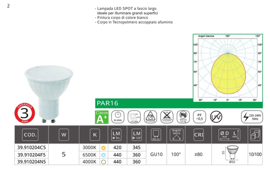 Lampadina led gu10 5w 4000k 440lm ottica 100&deg; life