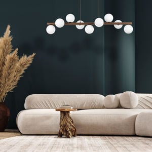 Lampadario moderno di legno noce per soggiorno sfere vetro bianco