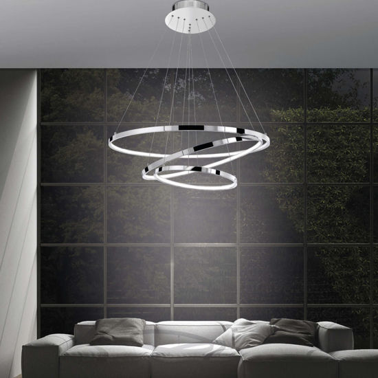 Lampadario moderno anelli led 135w 3000k cromo per soggiorno