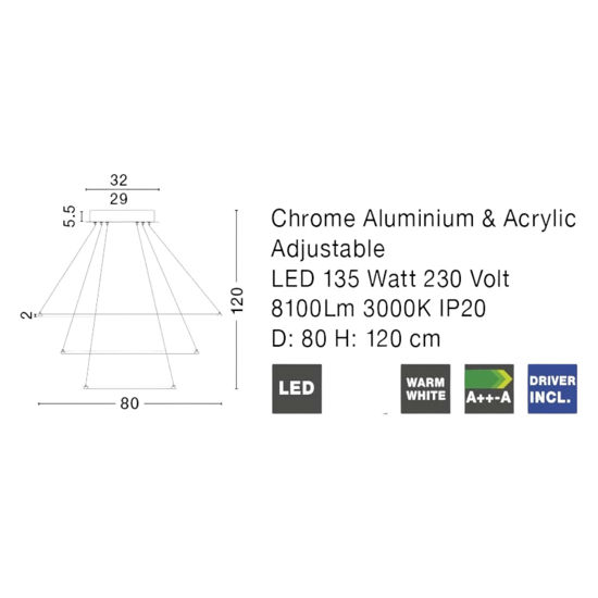 Lampadario moderno anelli led 135w 3000k cromo per soggiorno