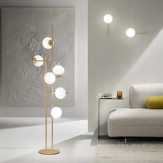 Piantana ondaluce jewel oro 6 luci vetro bianco per soggiorno moderno