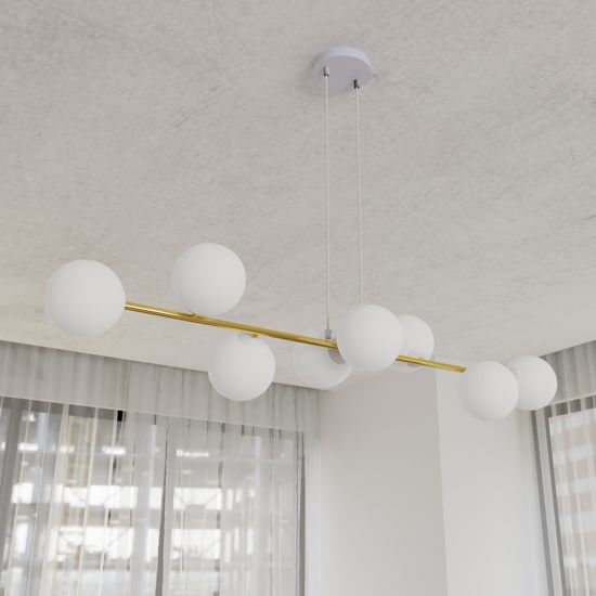 Lampadario oro moderno per soggiorno sfere vetro bianco