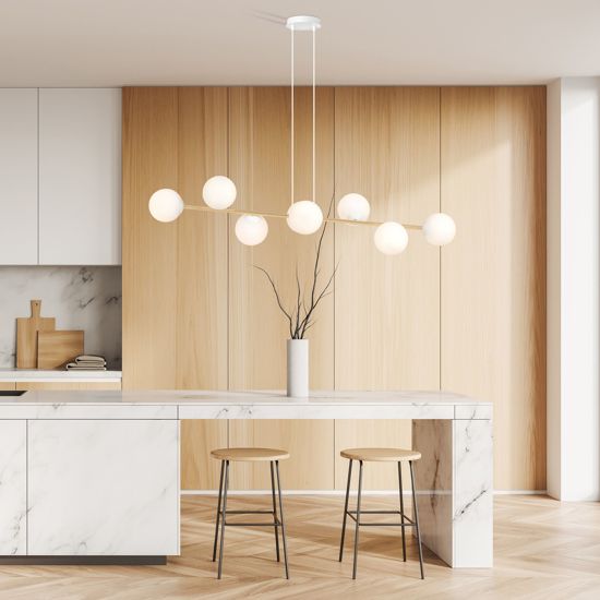 Lampadario oro moderno per soggiorno sfere vetro bianco