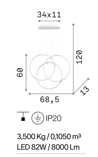 Frame sp cerchio lampadario nero tre cerchi led 82w 3000k ideal lux