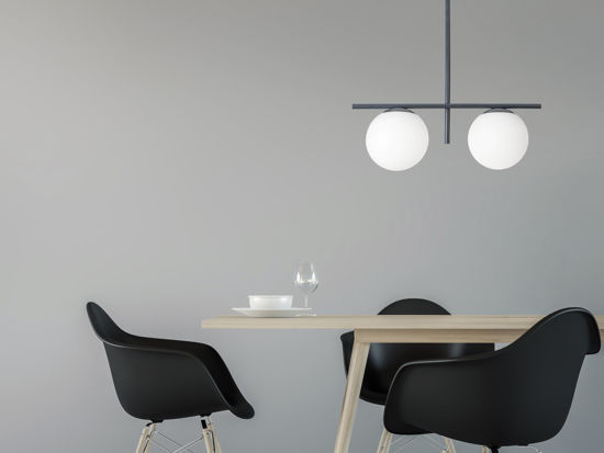 Lampadario moderno jugen miloox ottanio due sfere vetro bianco